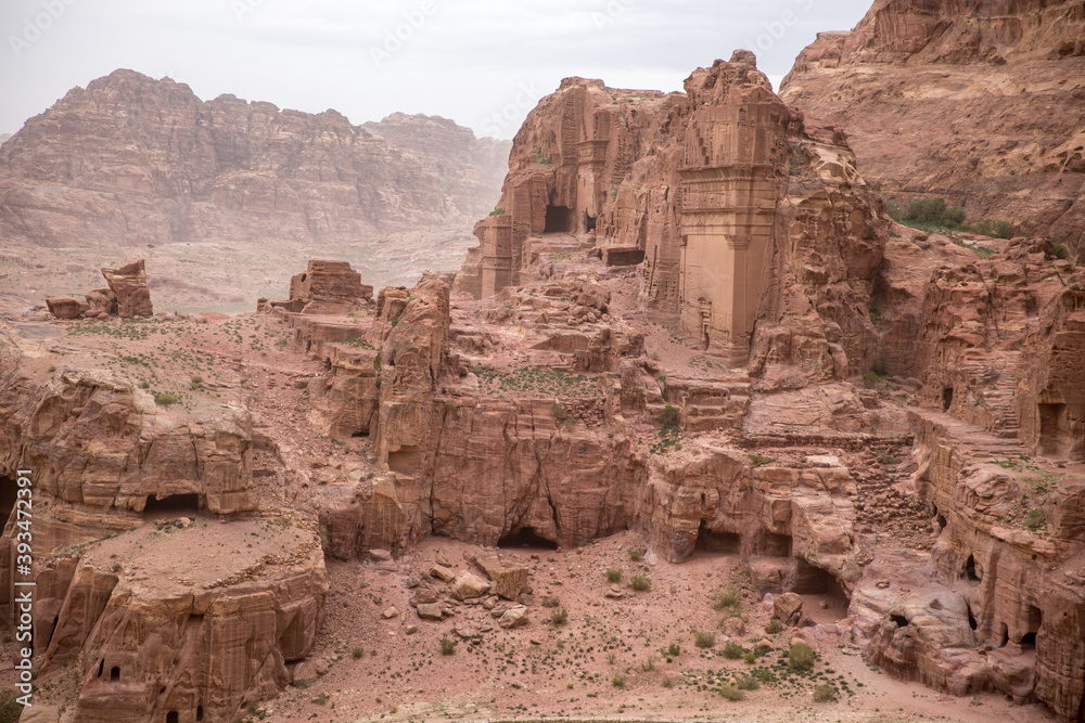 Fototapeta premium Ruins of the ancient city of Petra in the Siq canyon, top view