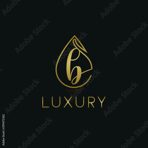 Elegant luxury initial b letter for cosmetic, make up, hotel, boutique business logo concept with golden line art liquid or water drop icon