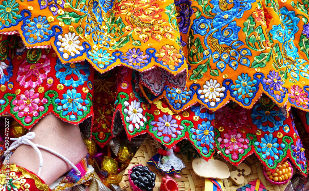 Close up of the skirt with traditional design for Christmas. It is embroidered with silk thread and adorned with sequins and beads, traditional for Cuenca city of Ecuador
