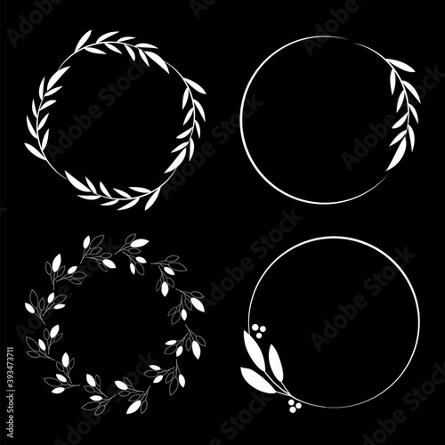 White wreaths black background. Vector holiday illustration. Vintage floral background. Rustic white wreaths. Stock image. EPS 10.