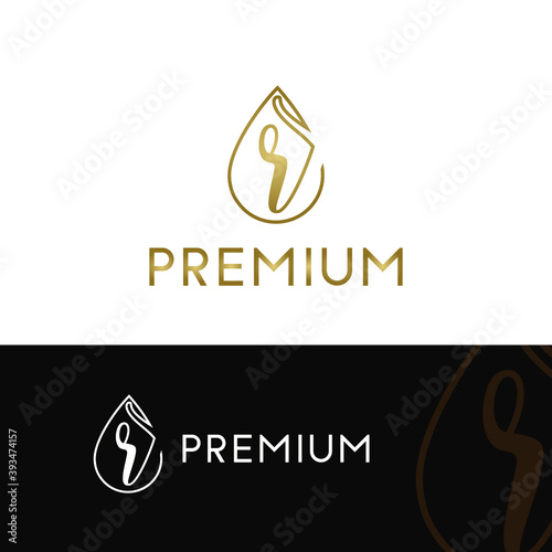 Elegant luxury initial r letter for cosmetic, make up, hotel, boutique business logo concept with golden line art liquid or water drop icon