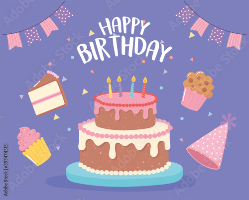 happy birthday  invitation card with cake hats and cupcake party cartoon