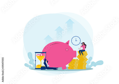 Poeple Save money  piggy bank , budget planning,incom with wealth and economy concept flat vector illustration.