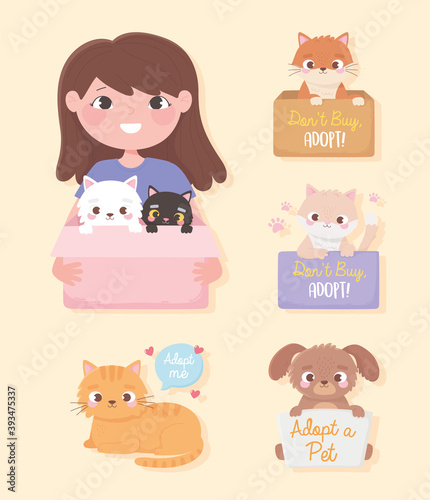 adopt a pet, girl with cats in box and little animals with letterings