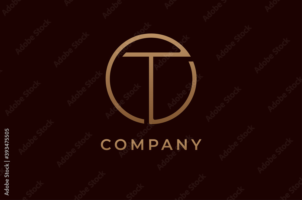 letter T logo. Gold linear rounded style isolated on dark background, usable for branding and business logos, Flat Logo Design Template, vector illustration