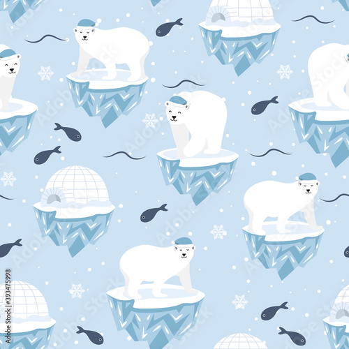 Christmas seamless pattern with polar bear on ice floe background, Winter pattern with polar bear, wrapping paper, winter greetings, web page background, Christmas and New Year greeting cards