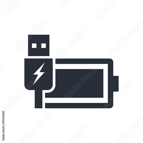 Charging equipment with electricity through the USB plug. Rechargeable battery and USB plug. Vector icon isolated on white background.