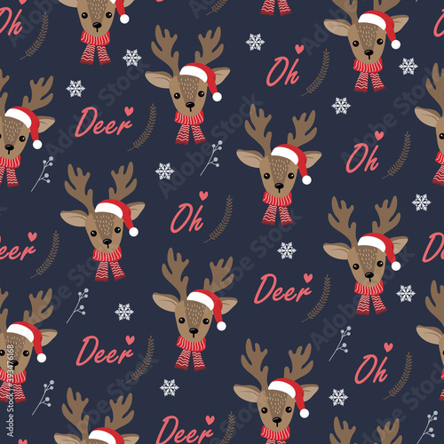 Christmas seamless pattern with reindeer background, Winter pattern with deer, wrapping paper, pattern fills, winter greetings, web page background, Christmas and New Year greeting cards