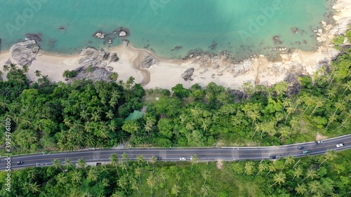 The Khanom Sichon Road the Road by the Ocean at Khao Phlai Dam ,Nakorn Sri Thammarat Thailand Drone Aerial View photo