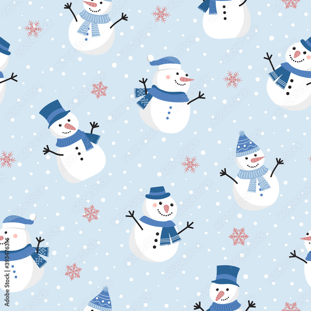 Christmas seamless pattern with snowman background, Winter pattern with snowflakes, wrapping paper, winter greetings, web page background, Christmas and New Year greeting cards