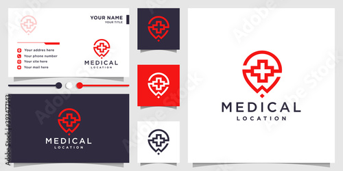 Medical logo with pin location concept and business card design Premium Vector