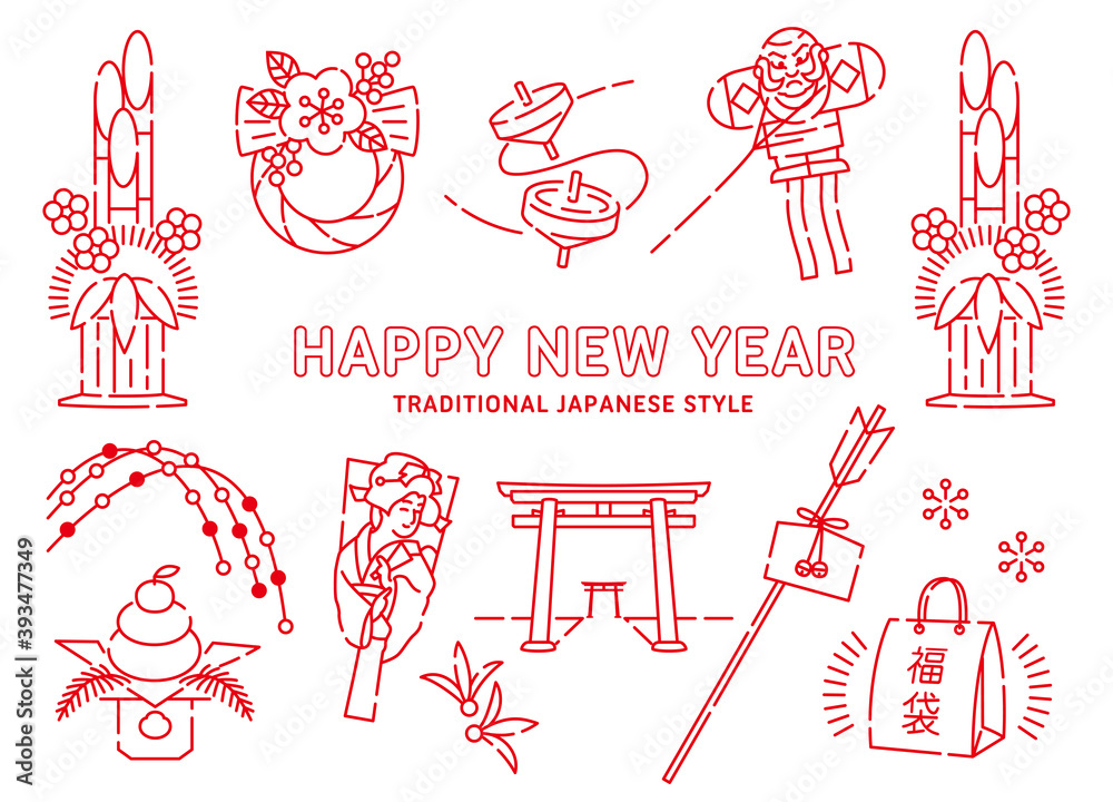 Fototapeta premium 伝統的な日本の正月の線画イラスト