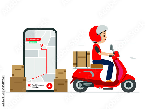 Fast delivery by scooter on mobile. E-commerce concept. Express courier on scooter shipping order Vector