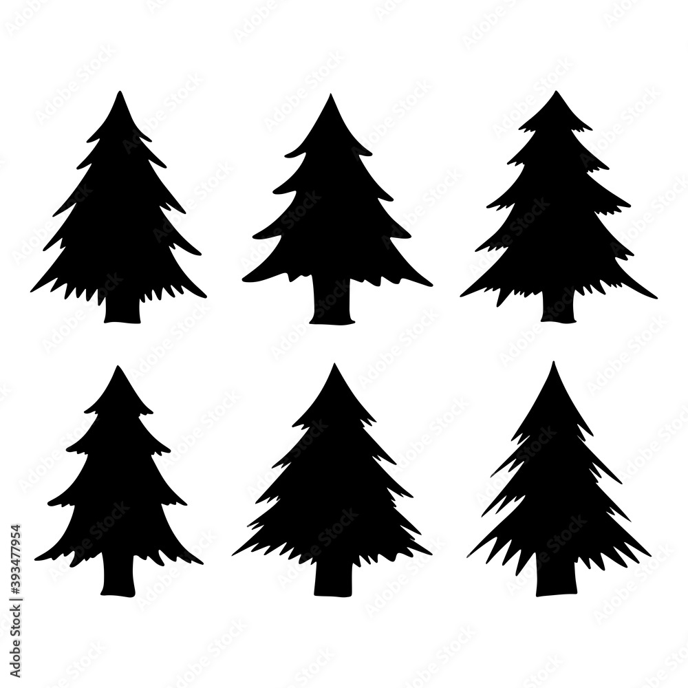 Obraz premium Isolated Pine on the white background.Pine silhouettes. Tree hand drawn.Vector EPS 10.