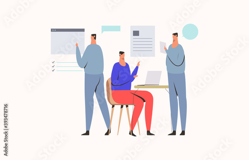 Young male multitasking skill concept. Freelance worker busy with tasks. Bussinesman doing many tasks at the same time. Flat vector illustration