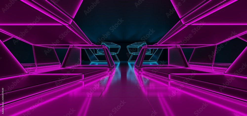 Naklejka Abstract architectural minimalistic background. Laser show in the ultraviolet spectrum. Modern impulse tunnel. Futuristic space sci-fi frame neon backlight. 3D illustration and rendering.