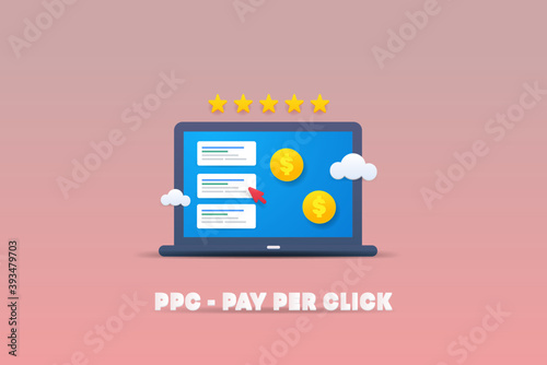PPC - pay per click advertising result displaying on laptop screen. Digital marketing and customer rating concept. 3d style illustration web banner.
