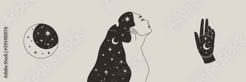 Set Of Mystical Woman and Moon, Stars and Hand in a Trendy Boho Style. Vector Space Portrait of A girl in Profile for wall print, t-shirt, tattoo Design, for social media post and stories