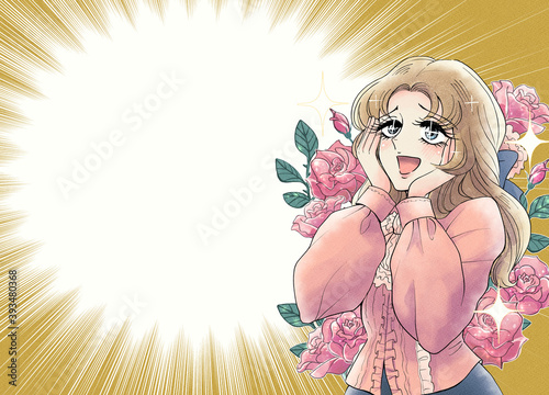 70年代の少女漫画風 歓喜するお嬢様のイラスト 集中線フレーム 薔薇背景2 Stock Illustration Adobe Stock