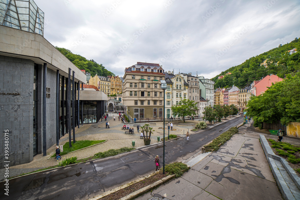 View of the central street of Karlovy Vary in Czech Republic