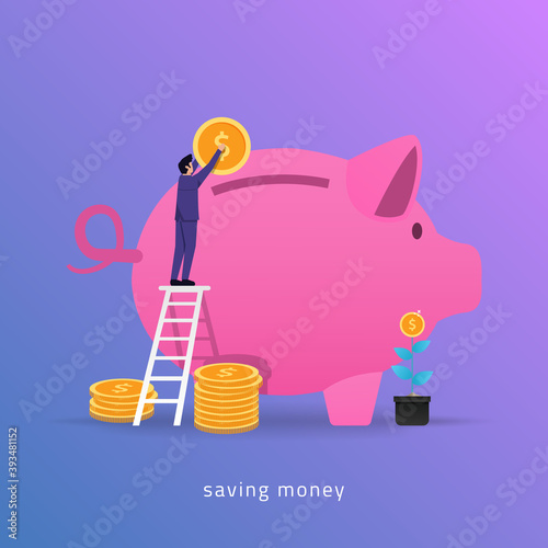 Businessman put coins in the piggy bank concept. Saving money symbol vector illustration