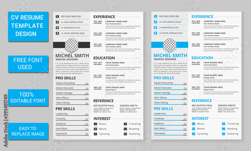 Clean modern and professional cv resume template design black and white and blue color