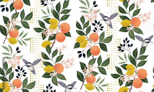 Vector illustration of seamless floral pattern with fruits. Design for cards, party invitation, Print, Frame Clip Art and Business Advertisement and Promotion 