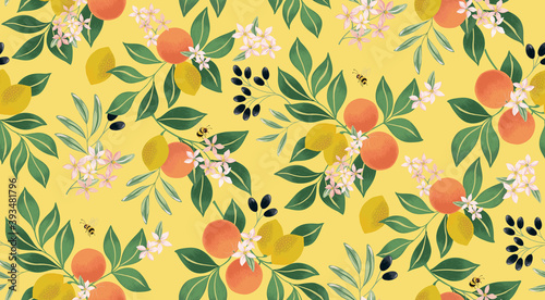 Vector illustration of seamless floral pattern with fruits. Design for cards, party invitation, Print, Frame Clip Art and Business Advertisement and Promotion 