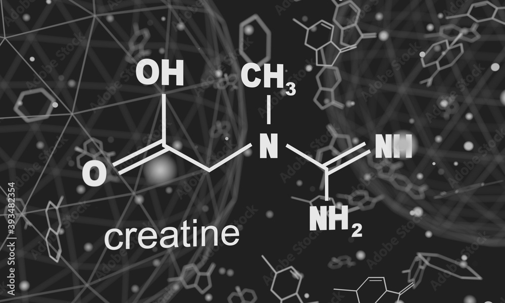 Chemical formula of creatine. Lines and dots connected background. 3D rendering