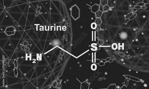 Skeletal formula of taurine. Amino acid molecule. Lines and dots connected background. 3D rendering