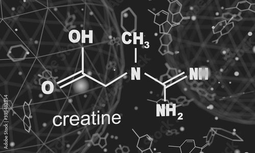Chemical formula of creatine. Lines and dots connected background. 3D rendering