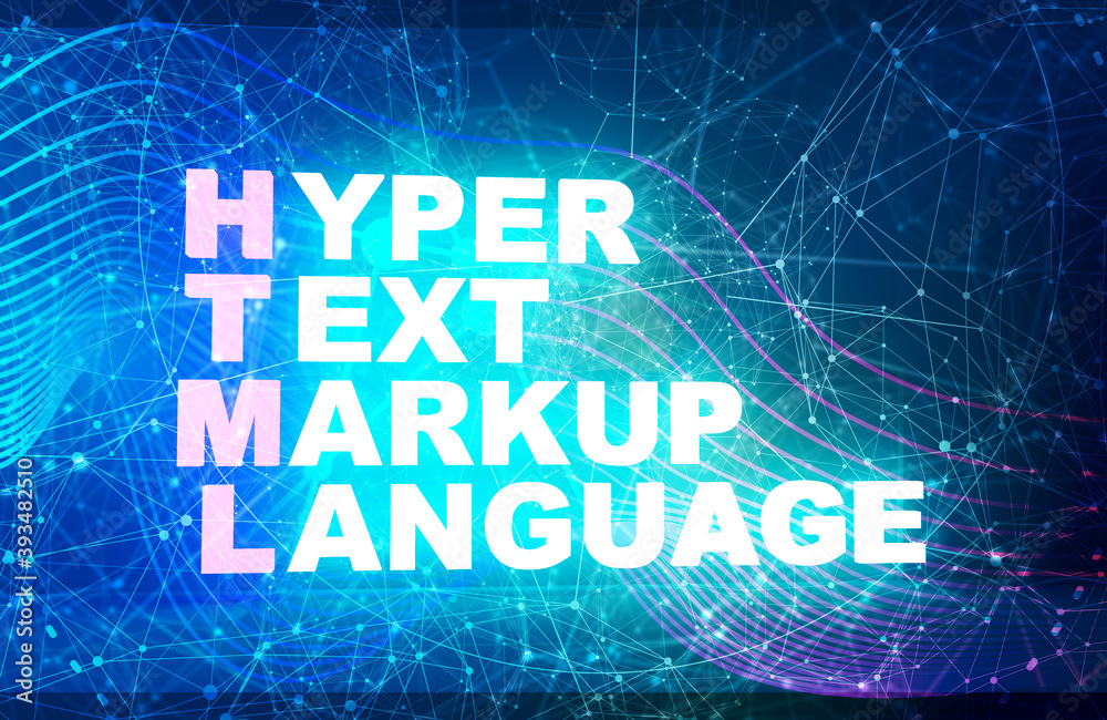 Fototapeta premium Acronym HTML - Hyper Text Markup Language. Internet conceptual image. 3D rendering. Neon bulb illumination
