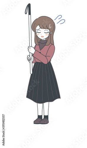 白杖を掲げてSOSを示すお姉さんのイラスト・困り顔・ベクター