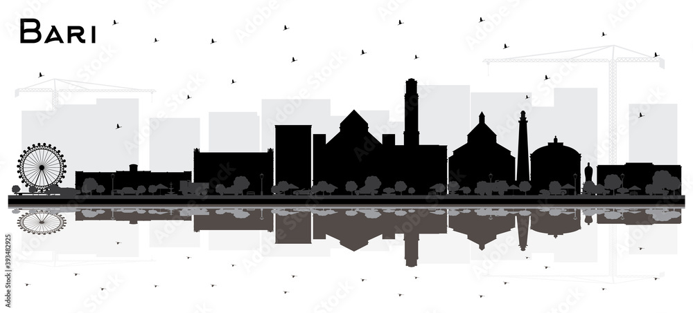 Bari Italy City Skyline Silhouette with Black Buildings and Reflections Isolated on White.