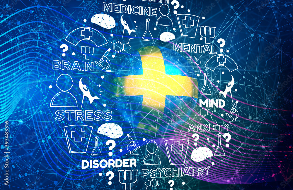 Fototapeta premium Mental health creative concept. Circle frame with medicine thin line icons and tags. Flag of Sweden. 3D rendering.
