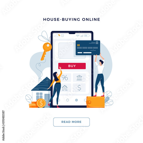 House-buying online banner. Couple buy a home paying by credit card. Mortgage, dealing house, property web purchase concept for web site, emailing. People in flat cartoon design, vector illustration