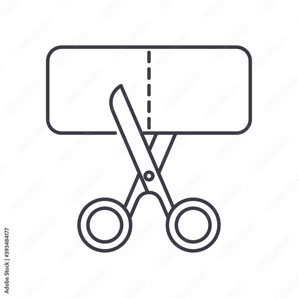 Scissors cut icon, linear isolated illustration, thin line vector, web design sign, outline concept symbol with editable stroke on white background. Scissors cut icon, linear isolated illustration, thin line vector, web design sign, outline concept symbol with editable stroke on white background.