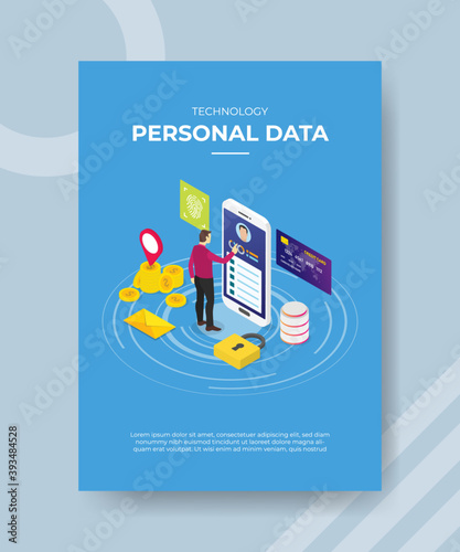 technology personal data men standing touch screen big smartphone for template of banner and flyer for printing magazine cover and poster