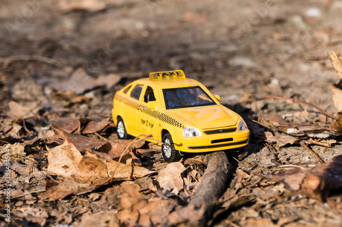 Toy car in the autumn forest in the bright sun; concept of travel, weekend, desert difficult road