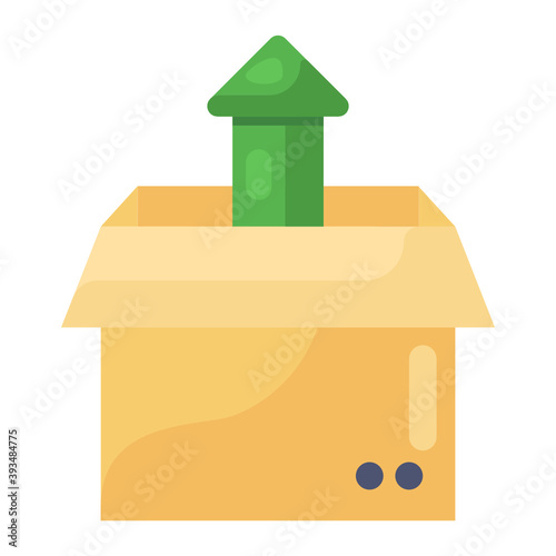 
Open box with upward arrow, flat design of unpacking icon
