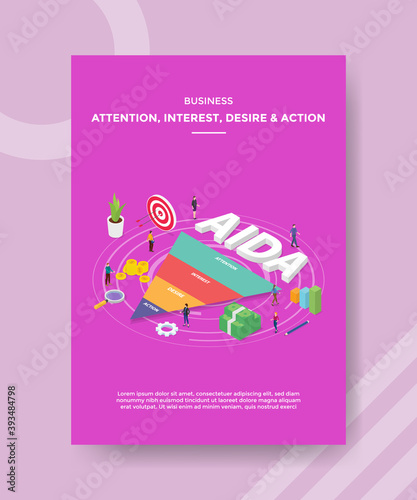 business attention interest desire action people standing around AIDA text funnel for template of banner and flyer