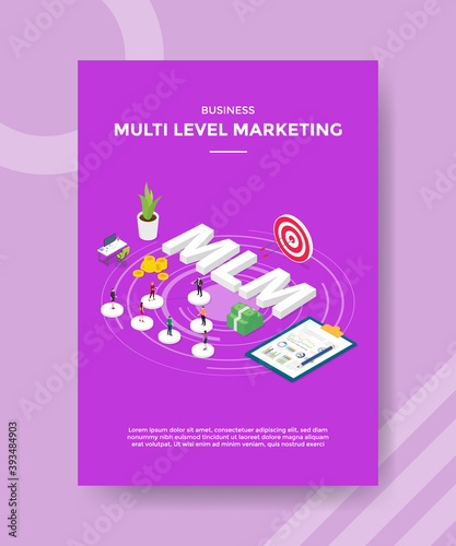 business multi level marketing people standing on circle shape around text MLM chart board target money for template of banner and flyer