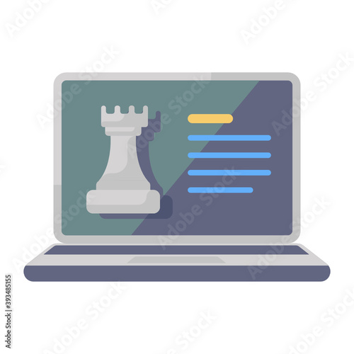 
Icon of online chess in flat style, chess rook inside laptop 
