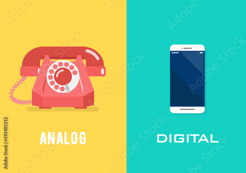 Retro telephone in analog age and smartphone in digital age