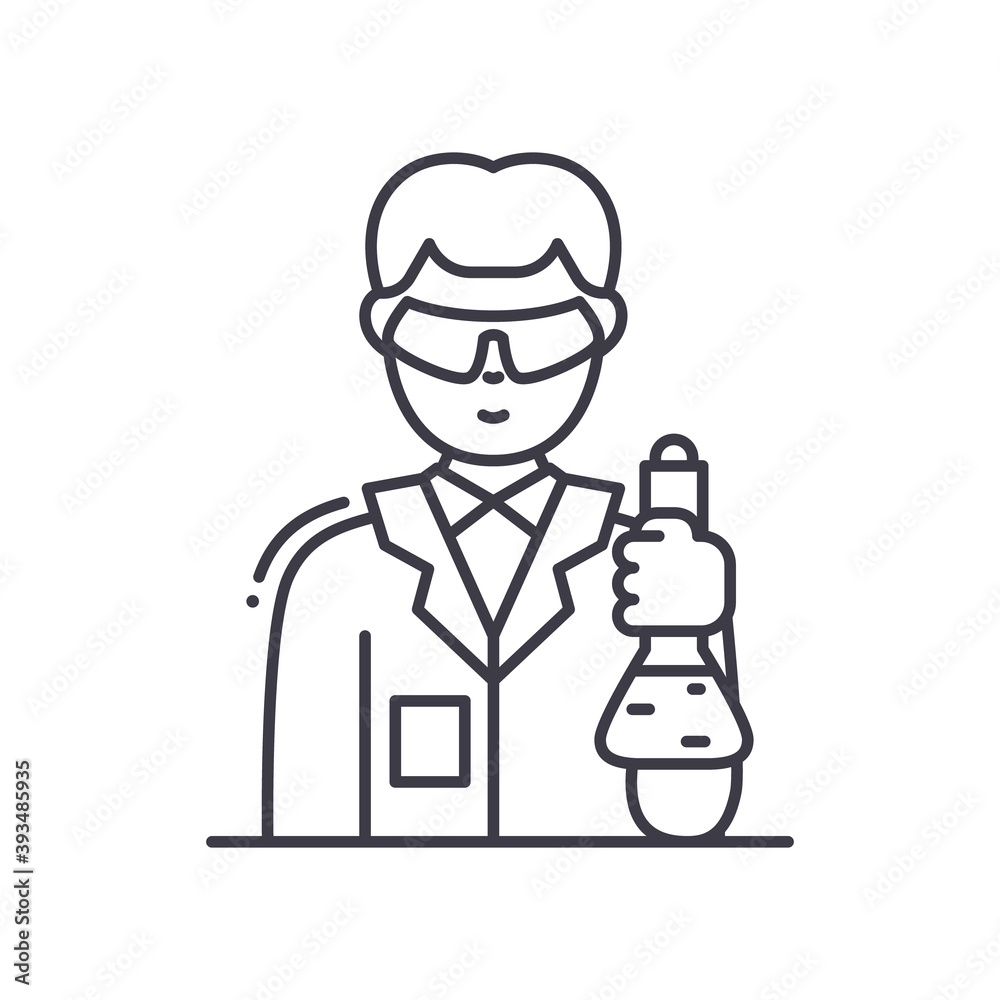 Scientist in lab icon, linear isolated illustration, thin line vector, web design sign, outline concept symbol with editable stroke on white background. Scientist in lab icon, linear isolated illustration, thin line vector, web design sign, outline concept symbol with editable stroke on white background.