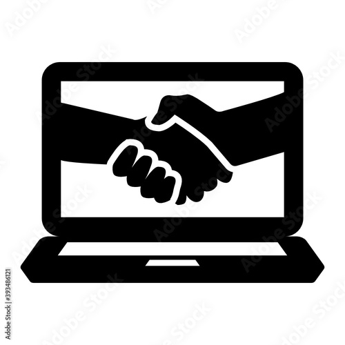 
Handshake inside laptop, concept of online deal icon in flat style.
