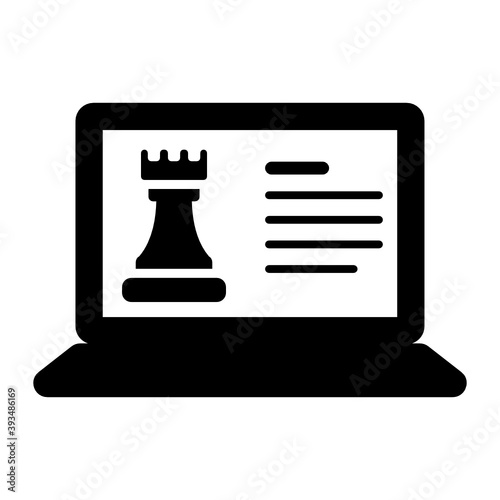 
Icon of online chess in flat style, chess rook inside laptop 
