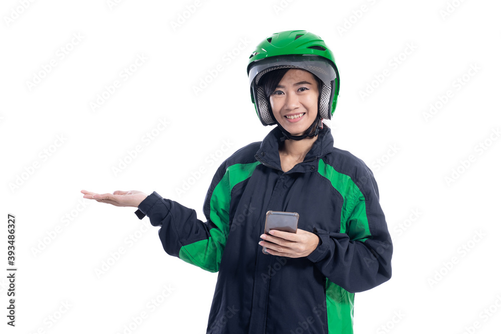 female uber driver presenting to copy space on white background female uber driver presenting to copy space on white background