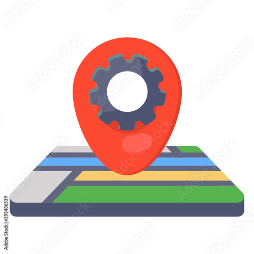 
Gear with location pin, flat icon of gps settings 
