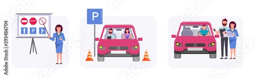 Man woman getting car driving license at auto school set. Instructor teaching road sign, driver character at training lesson, student passing exam successfully vector illustration on white background